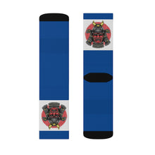 Load image into Gallery viewer, 3 Samurai on Blue Socks by Calico Jacks