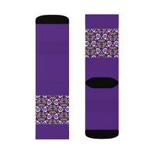 Load image into Gallery viewer, 7 Eye Flowers on Purple Socks by Calico Jacks