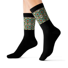 Load image into Gallery viewer, 4 Eye Flowers on Black Socks by Calico Jacks