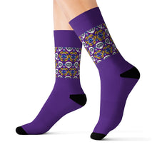 Load image into Gallery viewer, 8 Eye Flowers on Purple Socks by Calico Jacks