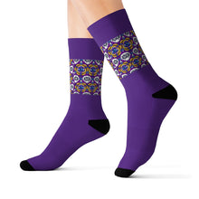 Load image into Gallery viewer, 12 Eye Flowers on Purple Socks by Calico Jacks