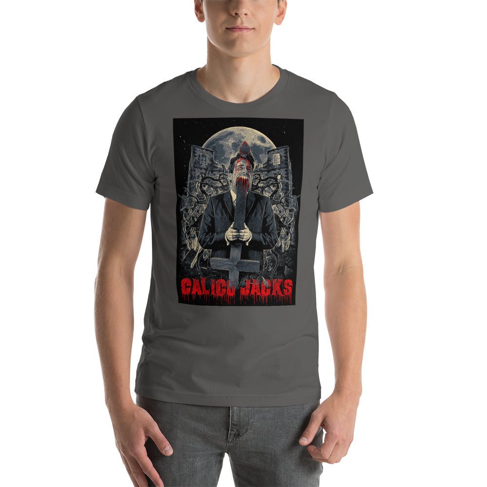 grey 100% Cotton T-Shirt Cruciface horror theme design by Calico Jacks