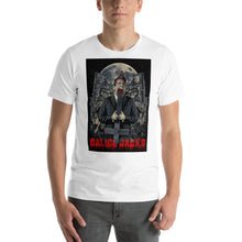 Load image into Gallery viewer, white 100% Cotton T-Shirt Cruciface horror theme design by Calico Jacks