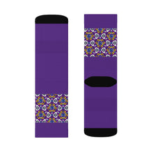Load image into Gallery viewer, 7 Eye Flowers on Purple Socks by Calico Jacks
