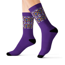 Load image into Gallery viewer, 4 Eye Flowers on Purple Socks by Calico Jacks
