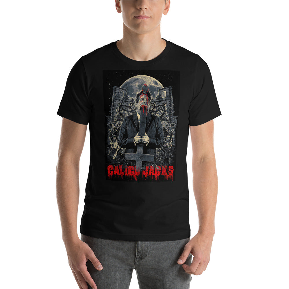 black 100% Cotton T-Shirt Cruciface horror theme design by Calico Jacks