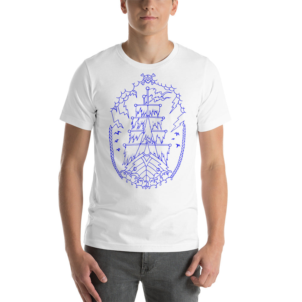 white 100% Cotton T-Shirt Ship Blue design by Calico Jacks